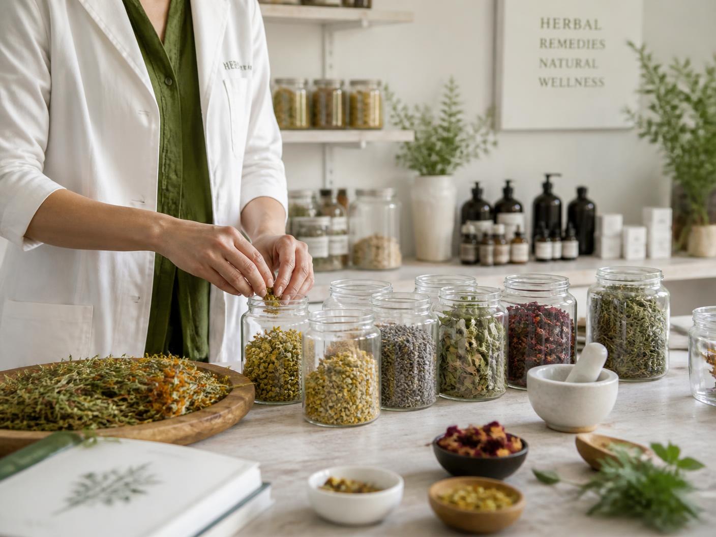 Herbal ingredients being prepared in a clean workshop